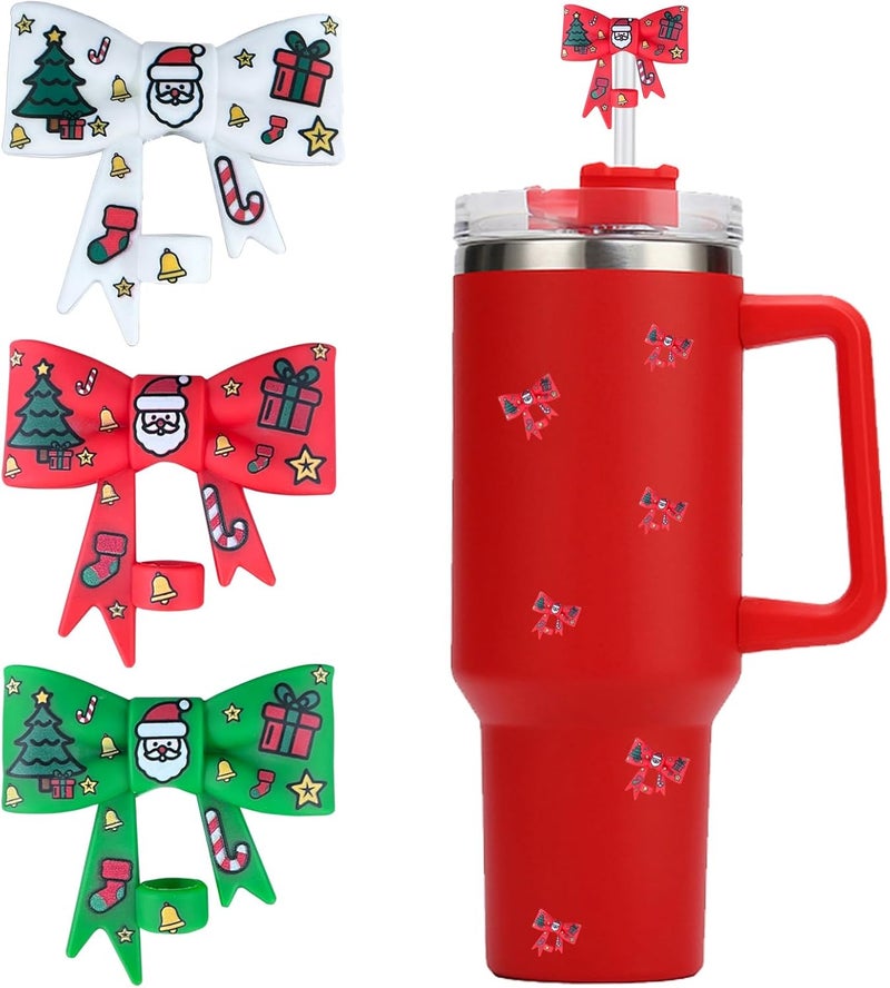 HIUSITY Christmas Bow Straw Cover Topper for Stanley Cup,Silicone Straw Toppers for Tumbler with Handle 40oz,Cute 10mm/0.4in Straws Covers Cap,Reusable Straws Lid for Stanley Cups Accessories,3Pcs - Image 1